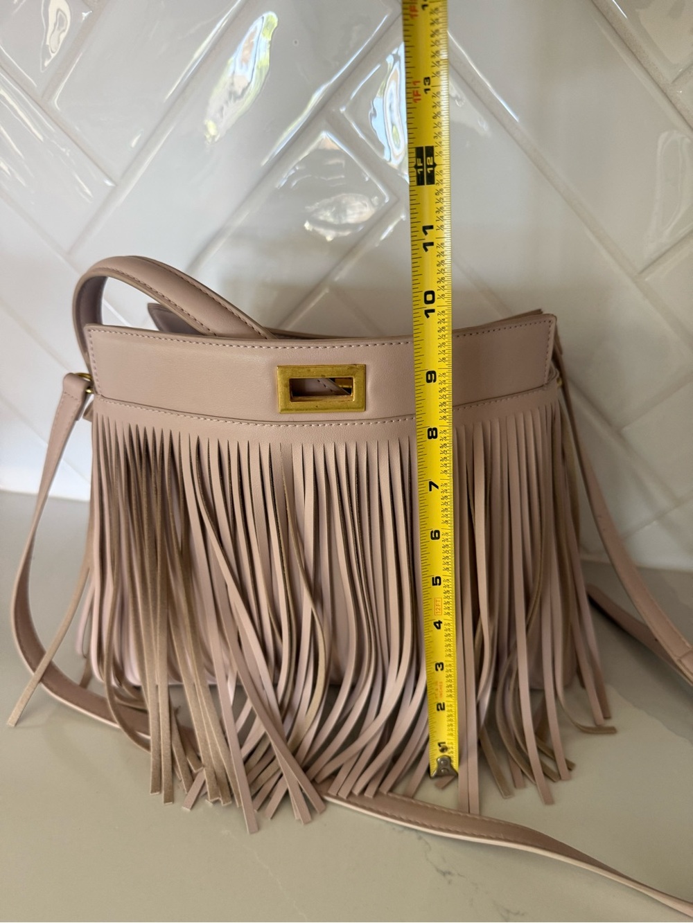 Melie Bianco Blush Fringe Crossbody Bag with Gold Hardware - Picture 3 of 5
